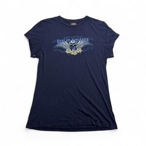 Harley Davidson Vintage Skull Wings Roses T Shirt Size XL Y2K motorcycle retro